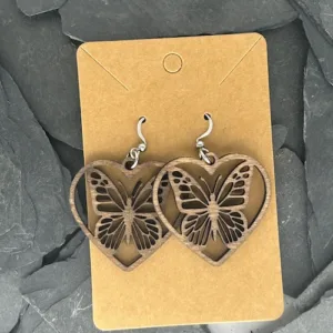 Boucles d'oreilles Coeur Papillin Bois Brun